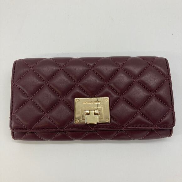 MICHAEL KROS, MAROON QUILTED LEATHER WOMENS LARGE WALLET - Picture 1 of 8